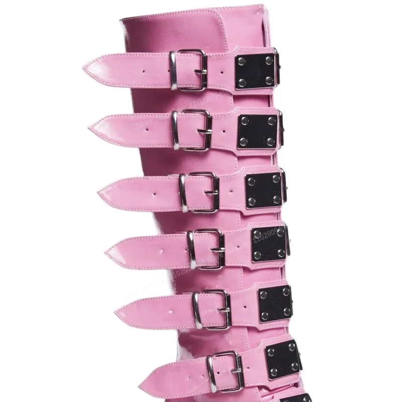 Bottes Hautes Roses à Talons Compensés pour Femme, Chaussures Parker Rondes, Décor à Bretelles, 2023