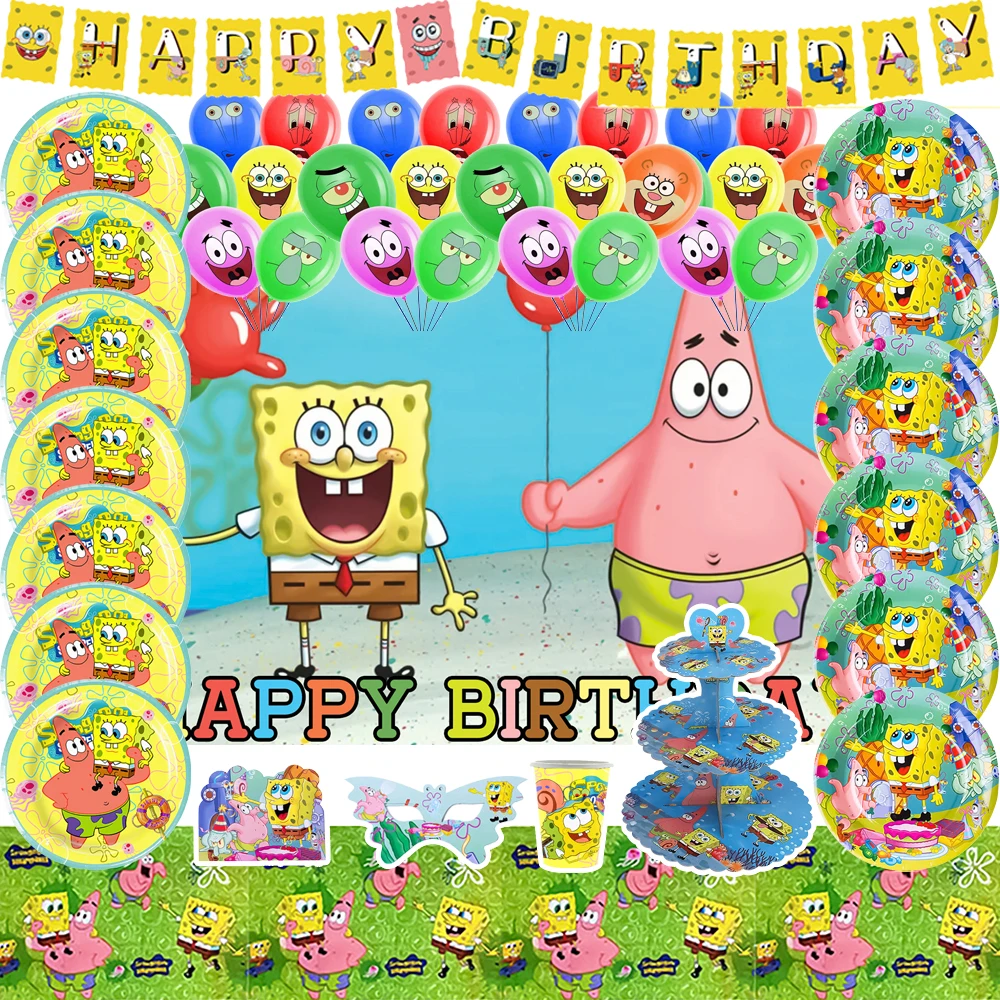 

Hot Spongebob Theme Birthday Party Decoration Background Cup Plate Balloon Cake Topper Backdrop Baby Shower Kid Gift Supplies
