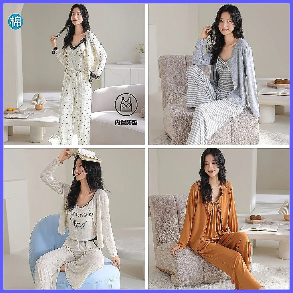 Women's 3-Piece Pajama Set with Bra Pads, Sexy Camisole Cardigan & Pants for Home Sleepwear