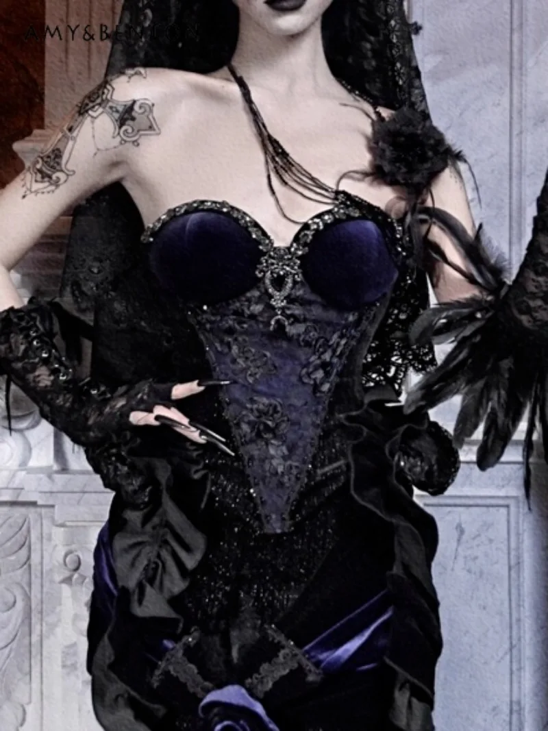 

Original Gothic Luxurious Sparkling Diamond Velvet Slim Corset Halloween Cosplay Costume Lolita Subculture Retro Fishbone Waist