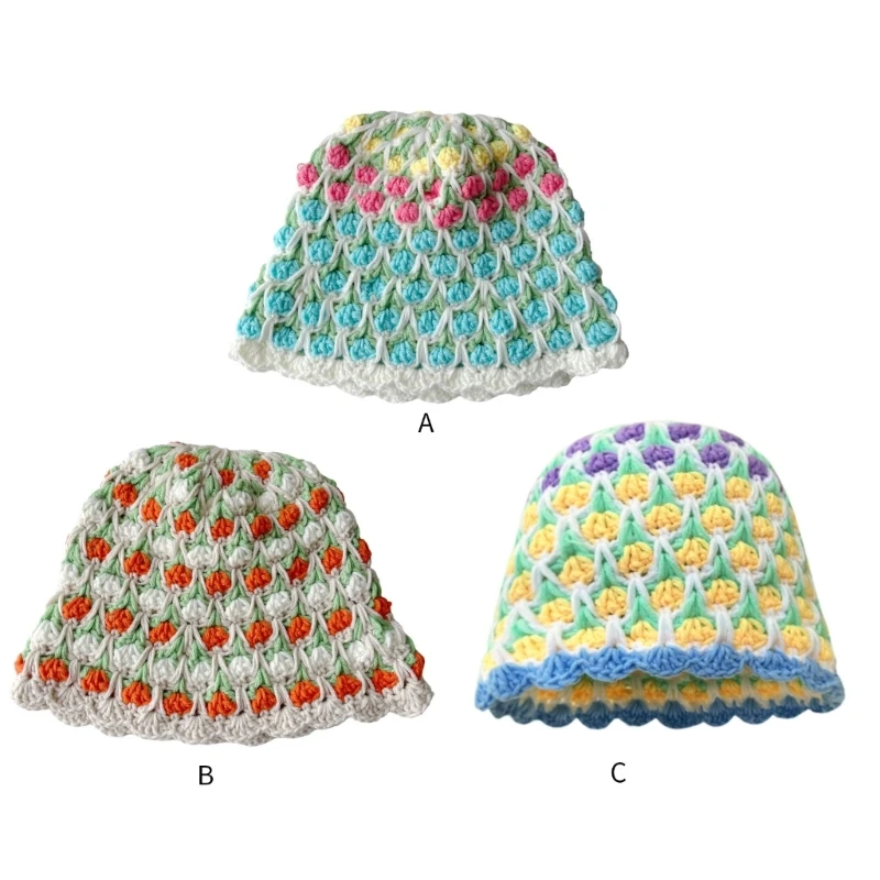 Woman Bucket Hat Crochet Tulips Pattern Fisherman Breathable Hat Anti-Uv