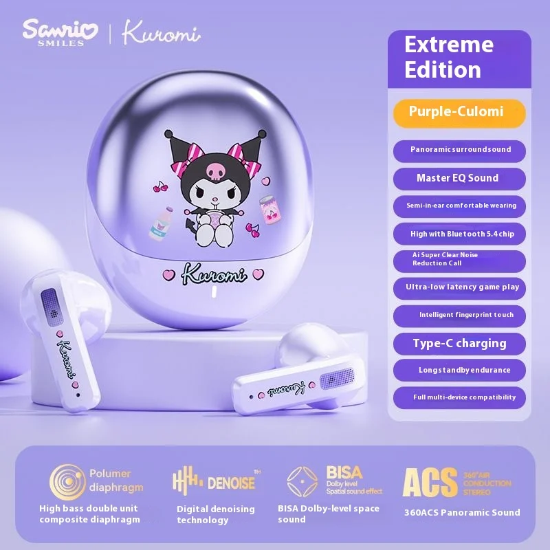 Sanrio New Bl02 Bluetooth 5.4 Earphones Kawaii Kuromi Melody Cinnamoroll Earbuds Led Long Endurance Noise Canceling Headphones