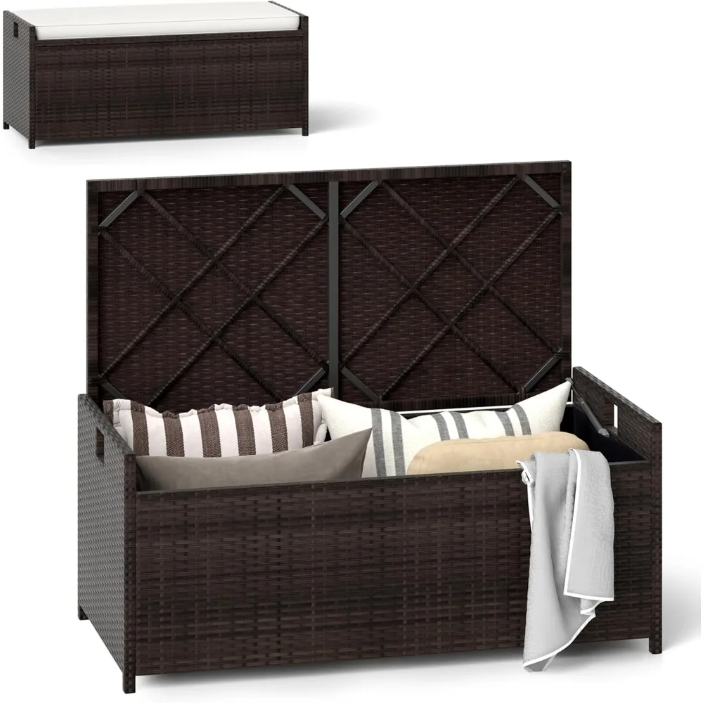 

34-Gallon Outdoor Storage Box - Wicker Rattan Deck Box w/Seat Cushion, Waterproof Liner & Side Handles for Pillows, P