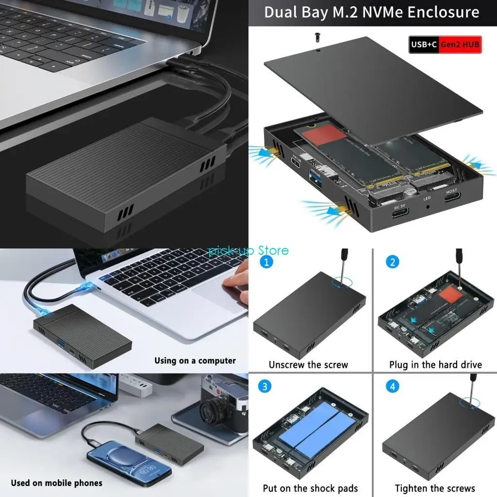 

Q5WA Double Bay M.2 NVMe SSD Enclosure USB 3.2 Gen2 Type C 10Gbps Support 2230/2242/2260/2280 Aluminum Enclosure Case