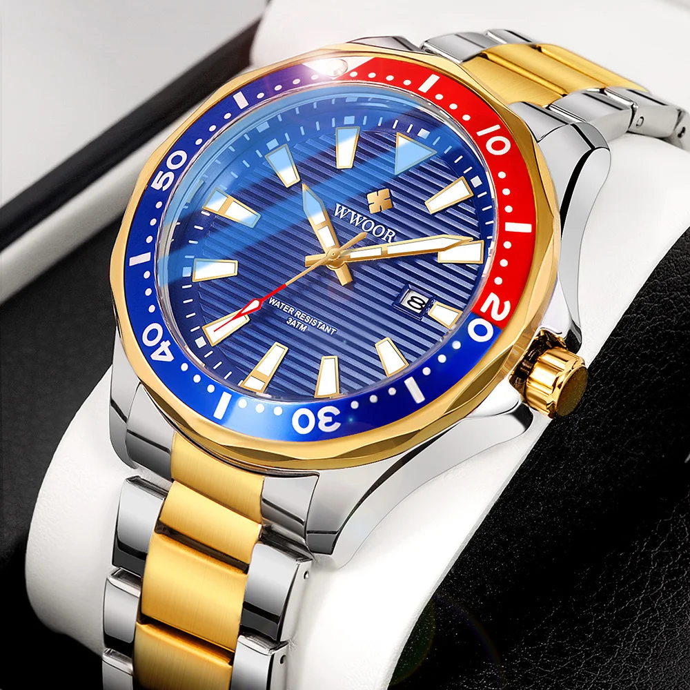 WWOOR 2024 New Luxury Military Gold Watch Mens Sports Diver Quartz 30ATM Waterproof Luminous Date Wristwatches Relogio Masculino