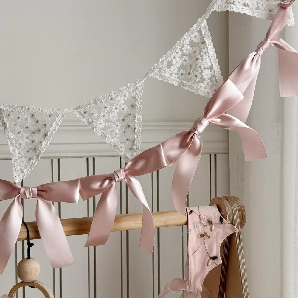 1.8M Pink White Blue Satin Bow Handmade Webbing Hanging Garlands for Birthday Wedding Party Girl Room Girly Heart Decorations