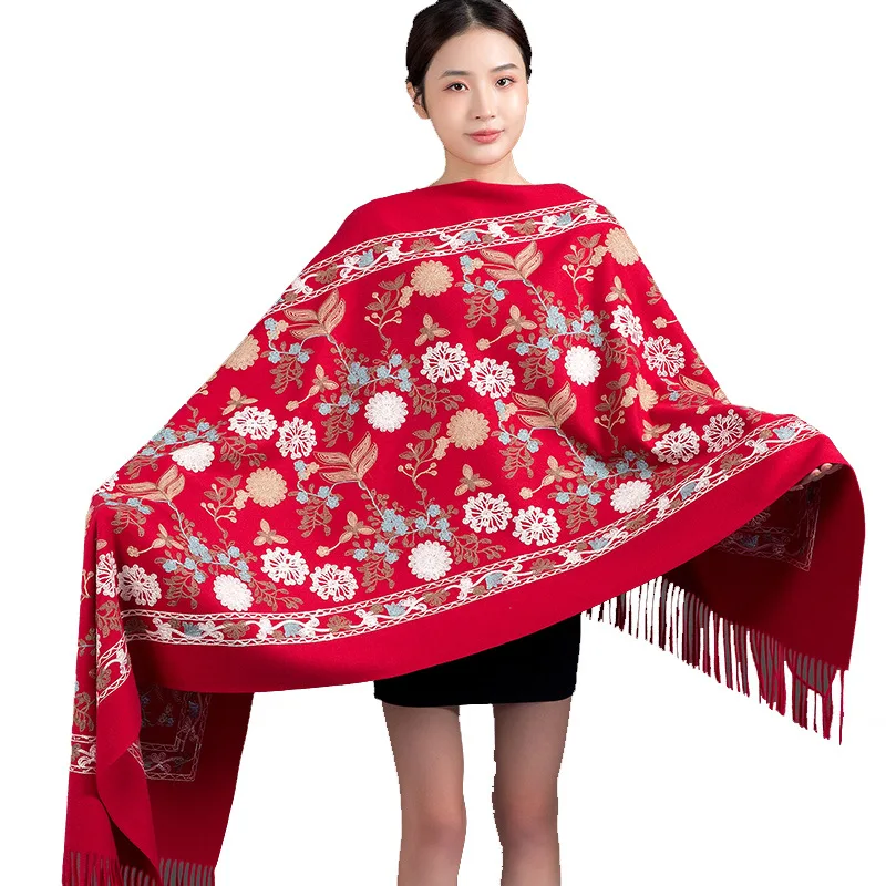 

New Winter Shawl Embroider Tassel Women Shawl Thick Warm Cashmere Pashmina Scarves Lady Soft Wrap Bufanda Travel All-match Scarf