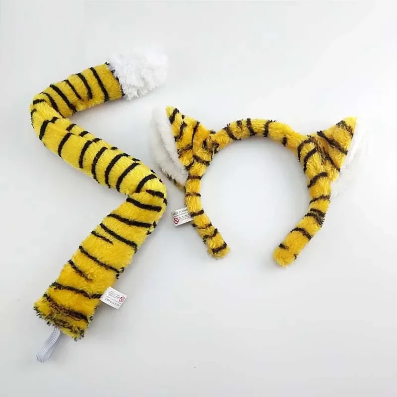 Adults Kids Plush Cartoon Men Animal Tiger Ear Headband Tail Tie  Birthday Party Cosplay Costume Christmas Halloween