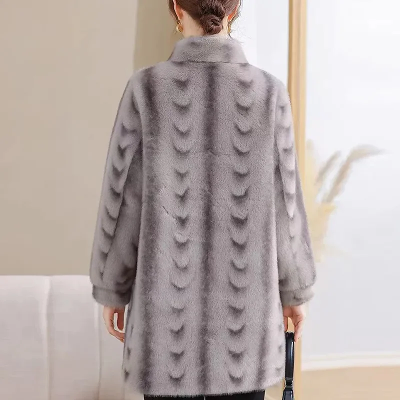 Winter Mid Long Mink Fur Coat New Middle-aged Women Clothing Thick Sheep Shearing Female Imitate Fur Coat Outerwear Overcoat