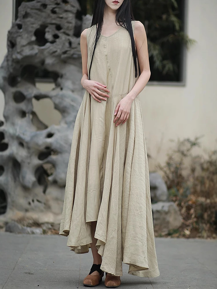 Women Casual A-line Dress New Arrival 2025 Summer Vintage Style V-neck Plain Color Loose Female Holiday Long Dresses