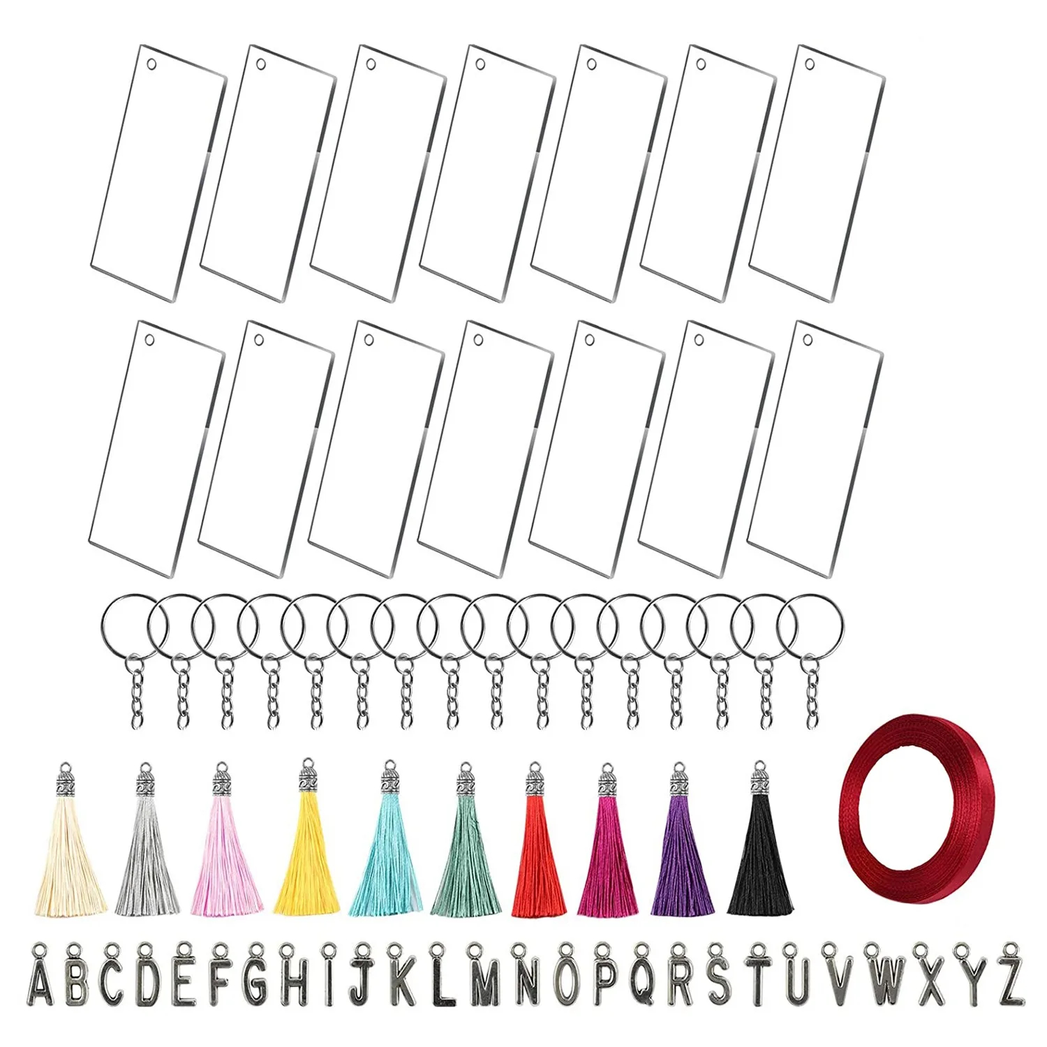 30PCS Rectangle Clear Discs, Colorful Tassels Metal Alphabet Decoration Keyrings, Acrylic Blank Set for DIY Crafts