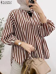 Fashion Muslim Blouse ZANZEA Women Vintage Long Sleeve Stripe Blouse V Neck Shirt Casual Tops Islamic Clothing Work Blusas Femme