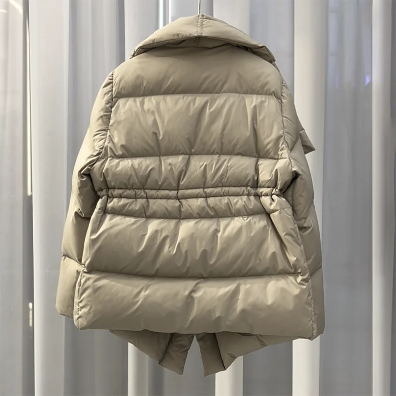 Luxo feminino fluffy puffer jaqueta cáqui inverno quente ajustável wasit para baixo casaco 2023 novo desinger parkas outwear