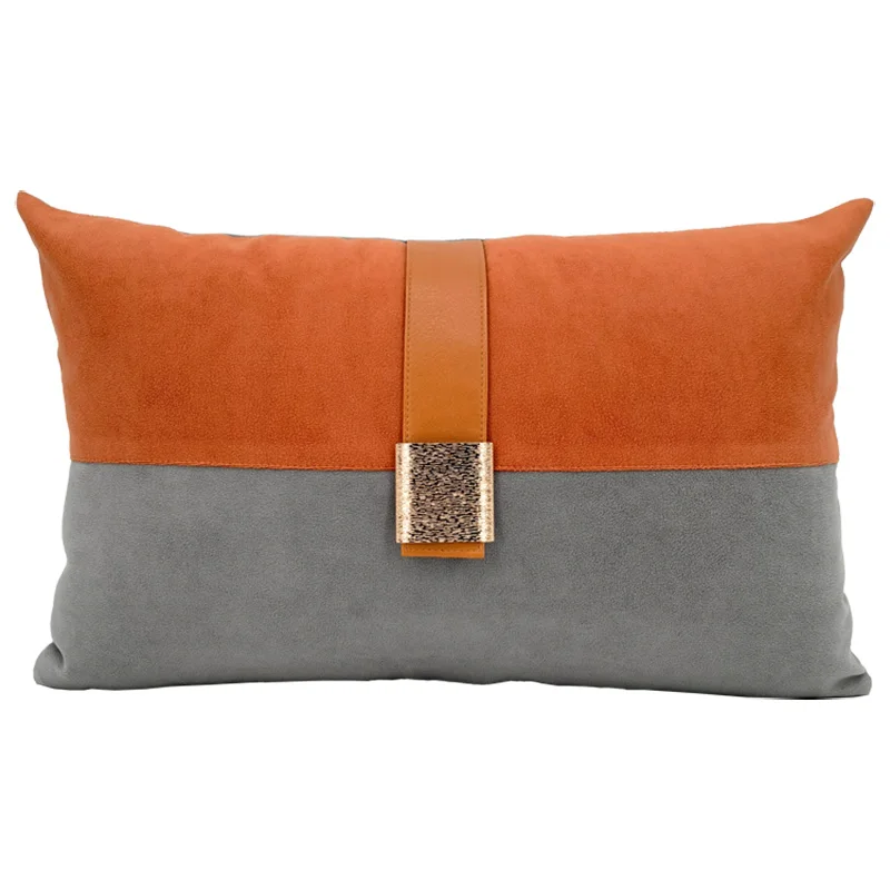 light luxury brown cream /orange grey patchwork cushion cover pillowcase sofa waist pillow cover with golden buckle