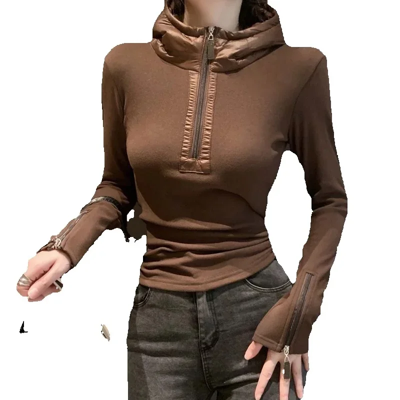 

Осень-зима, женские топы с капюшоном, новинка 2025, модные свободные повседневные майки, толстовка на молнии, однотонная верхняя одежда, женская