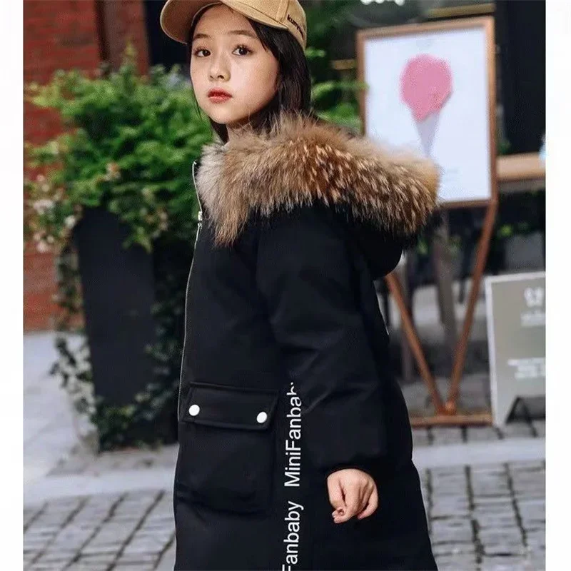 Winter Girls Long Jacket 5-12 Years Kids Hooded Fur Collar Heavy Coat Big Children Cold Weather Outerwear Parka Snowsuit E4486