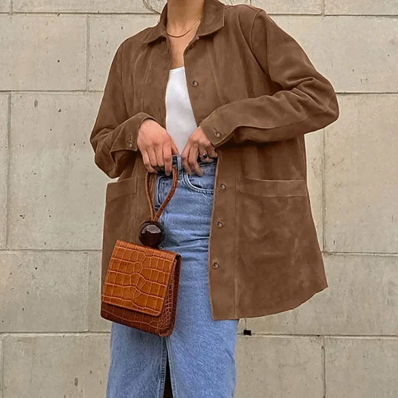 

Fashion Women's Brown Coat Temperament Commuting Autumn 2024 Female Clothing Loose Lapel Long Sleeve Shirt Jacket for Outerwear