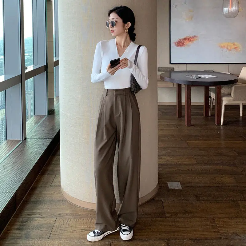 Fluid Spring Autumn Suit Pants 2024 Wide Leg Brown Long Casual Trousers for Women Trendeez Brown Fashion High Waist Dress Pants