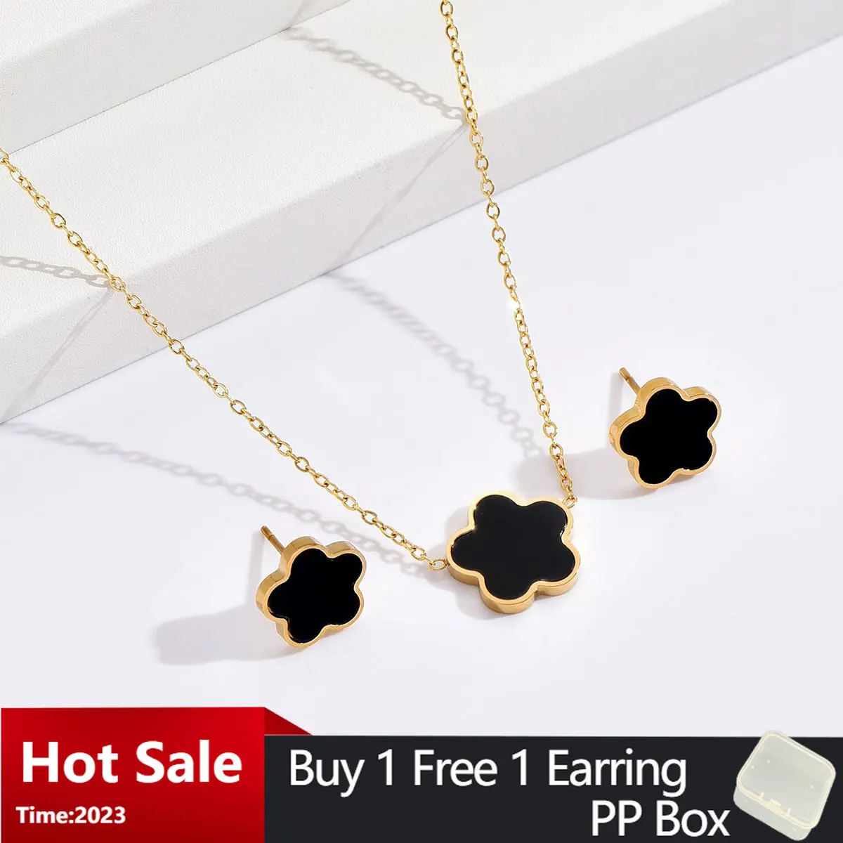 Luxury Shell Flower Stud Earrings Necklace Set for Women Black White Color Stainless Steel Personality Jewelry Sets 2023 New