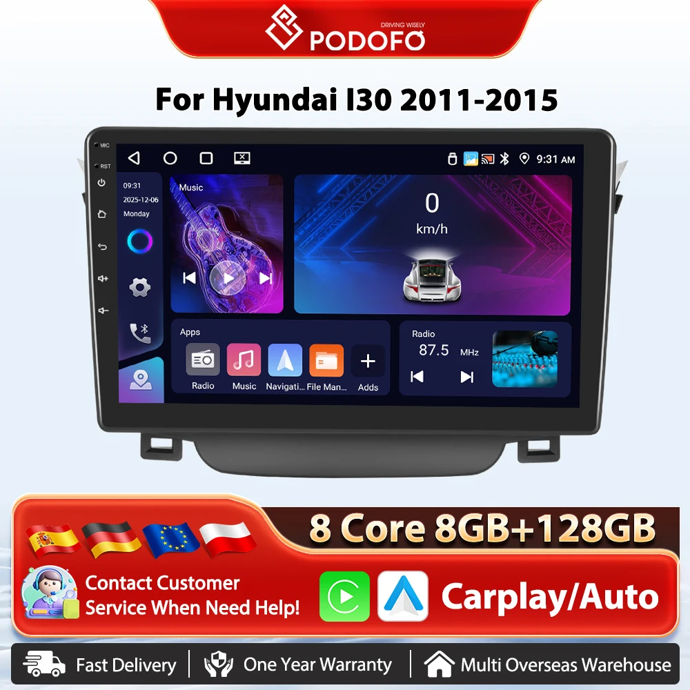 Podofo 4G WIFI Android Auto Autoradio Per Hyundai I30 2011-2015 Wireless Carplay GPS di Navigazione Auto Lettore Multimediale DSP FM/RDS