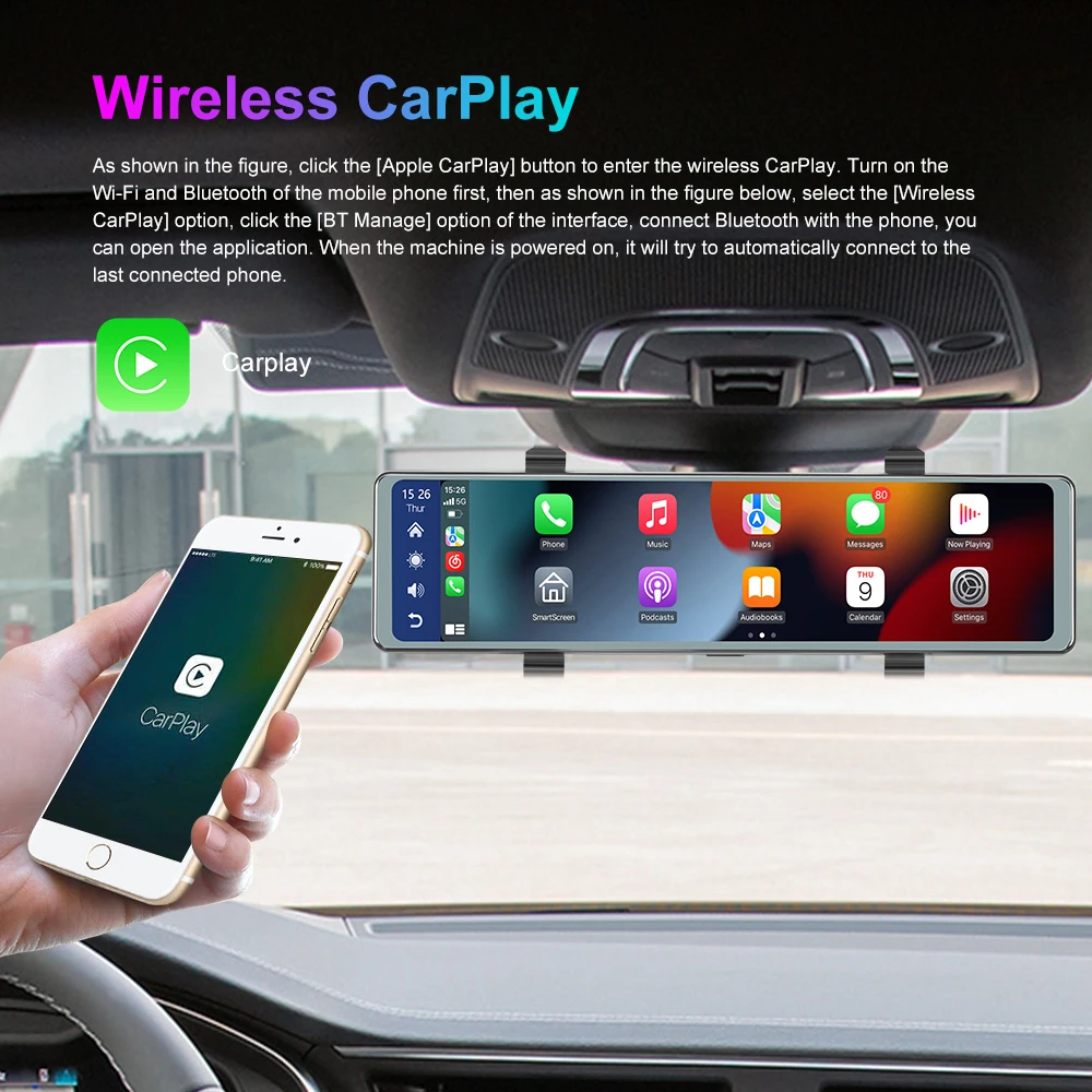 Podofo 11.26 inch CarPlay Mirror Recording Android Auto Wireless Connection WiFi GPS Car Navigation Dashboard DVRs