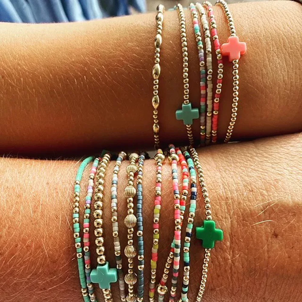 YEEVAA Cross Charm Colorful Beads&Stones Stack of 6 Bracelets, Fashion Jewelry Gift for Women Daily Layering