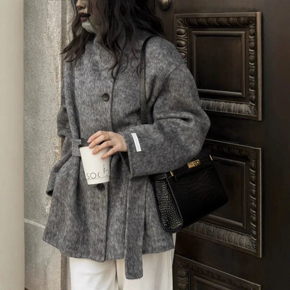 

Осень-зима 2022, новое двустороннее кашемировое пальто с воротником-стойкой, корейская версия, утягивающая шерстяная куртка для женщин