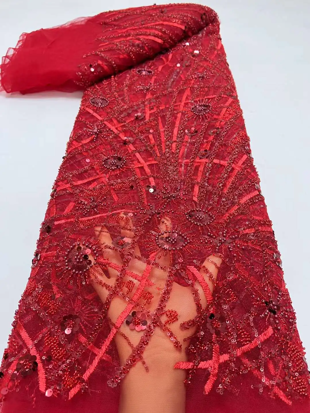 

5 Yards Luxury African Sequins Lace Fabric 2024 High Quality French Nigerian Beaded Lace Fabric For Sewing Dress Wedding Party H