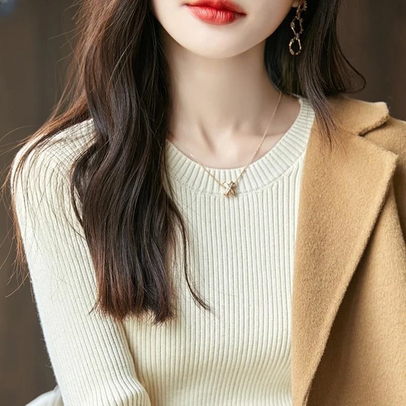 

Женская облегающая круглая трикотажная футболка из чистого хлопка с защитой от мячей, внутренняя одежда, длинная повседневная офисная футболка цвета све