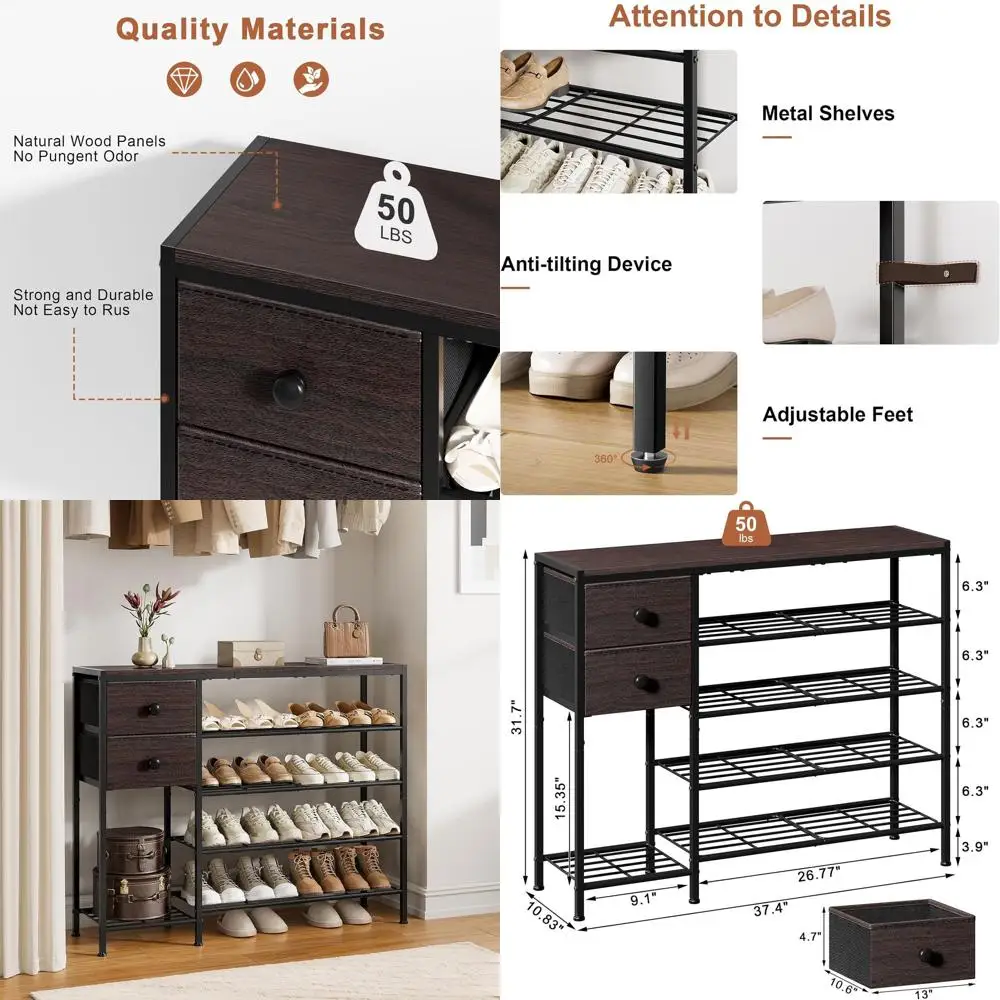 

5-Tier Shoe Storage Rack with 2 Fabric Drawers, Metal and Wood Frame Organizer for 16-20 Pairs, Dark Brown Shoe Shelf for Entryw