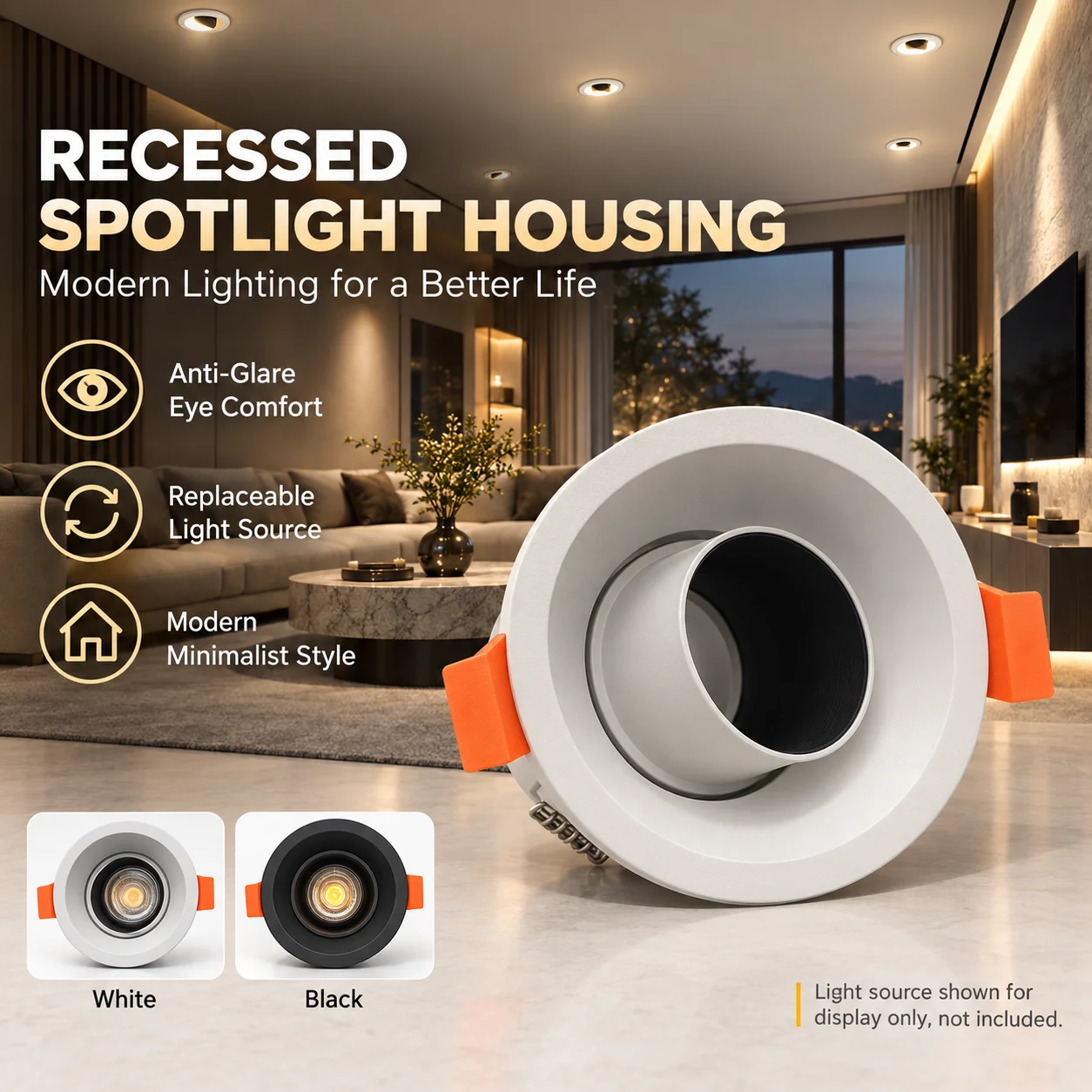 GU10 MR16 Recessed Downlight Frame 90mm Cutout Deep Anti Glare Aluminum Spotlight Housing Replaceable Bulb Holder Ceiling Light