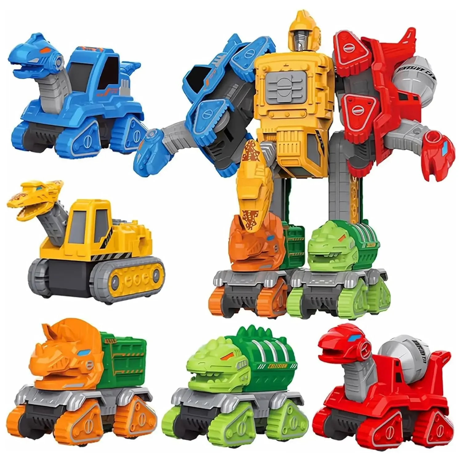 5-in-1 Transforming Dinosaur Construction Vehicle Toy Take Apart STEM Robot Trucks Fire Truck Excavator Bulldozer for Boys 6+