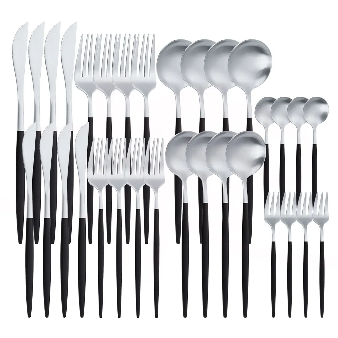 

Silverware 32Pcs Cutlery Set Black Silver Matte Stainless Steel Dinnerware Set Western Dessert Forks Knives Spoons Tableware Set