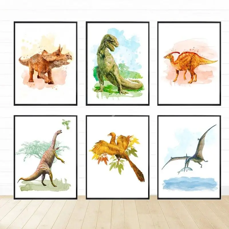 Dinosaur Watercolor Art Prints for Nursery Kids Room  TRex Stegosaurus Pterosaur  Wall Decor