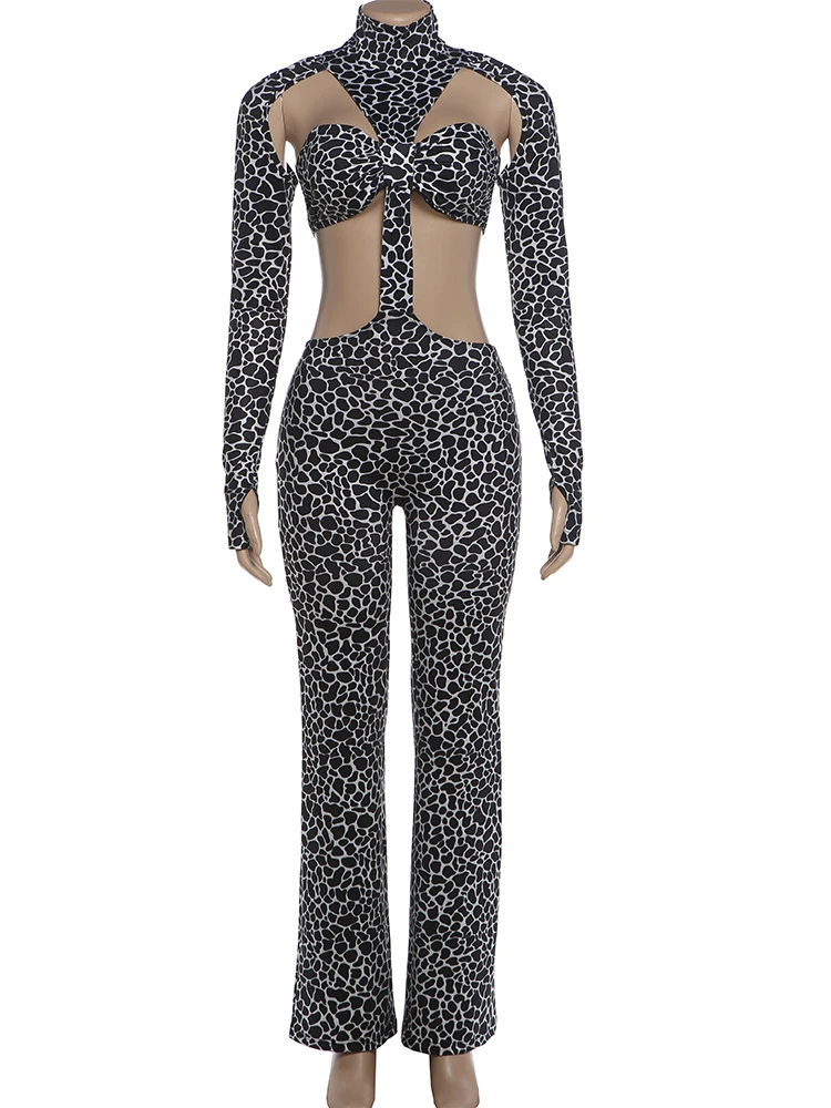 Weird Puss Unregelmäßiger Hohl-Jumpsuit für Damen, Leopardenmuster, Rollkragen, lange Ärmel, rückenfrei, Hot Girls Street Sexy Fashion Overall – Detail 4