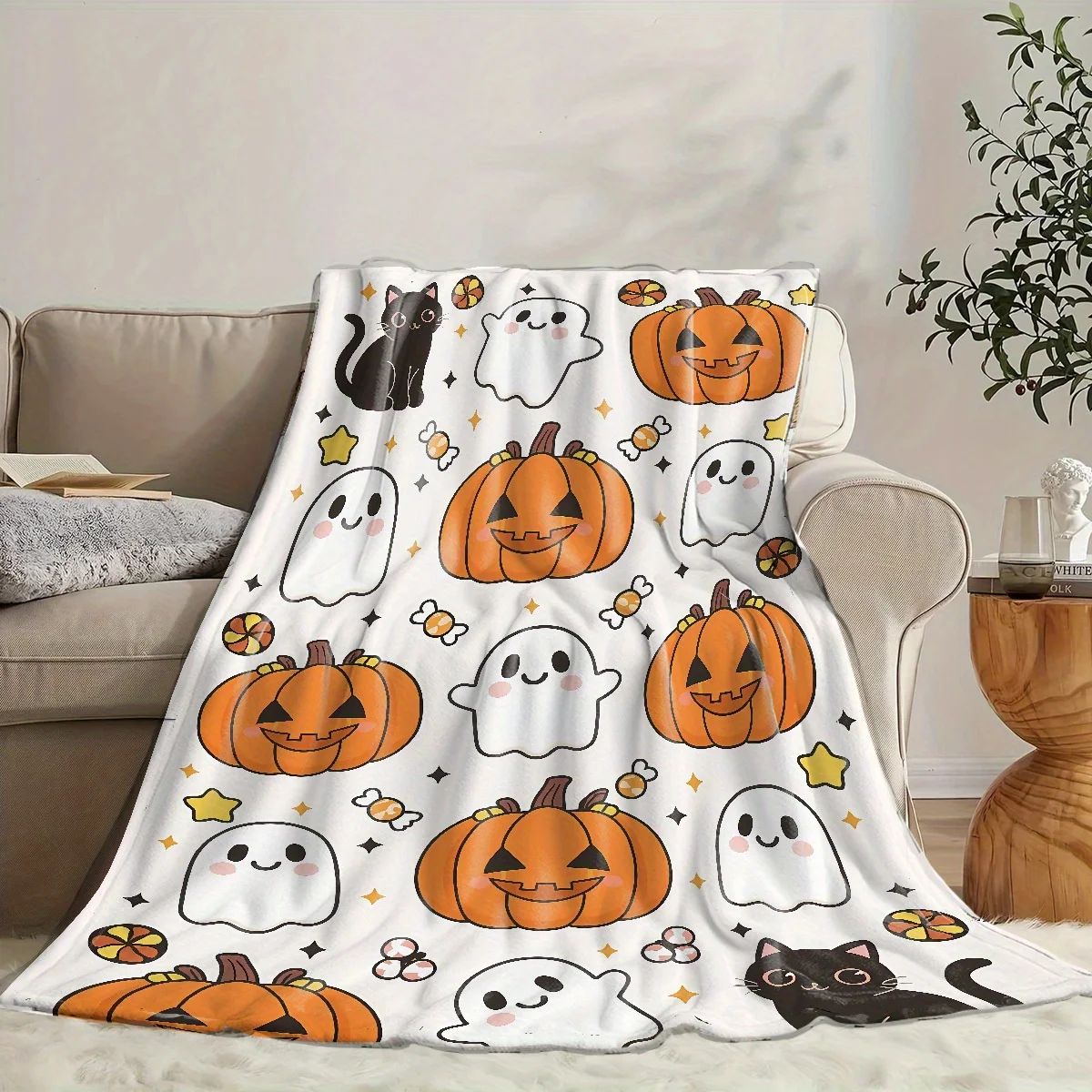 

Halloween Cute Ghost Pumpkin Black Cat Element Print Flannel Blanket Suitable for Bed Sofa Office and More Soft Warm Halloween