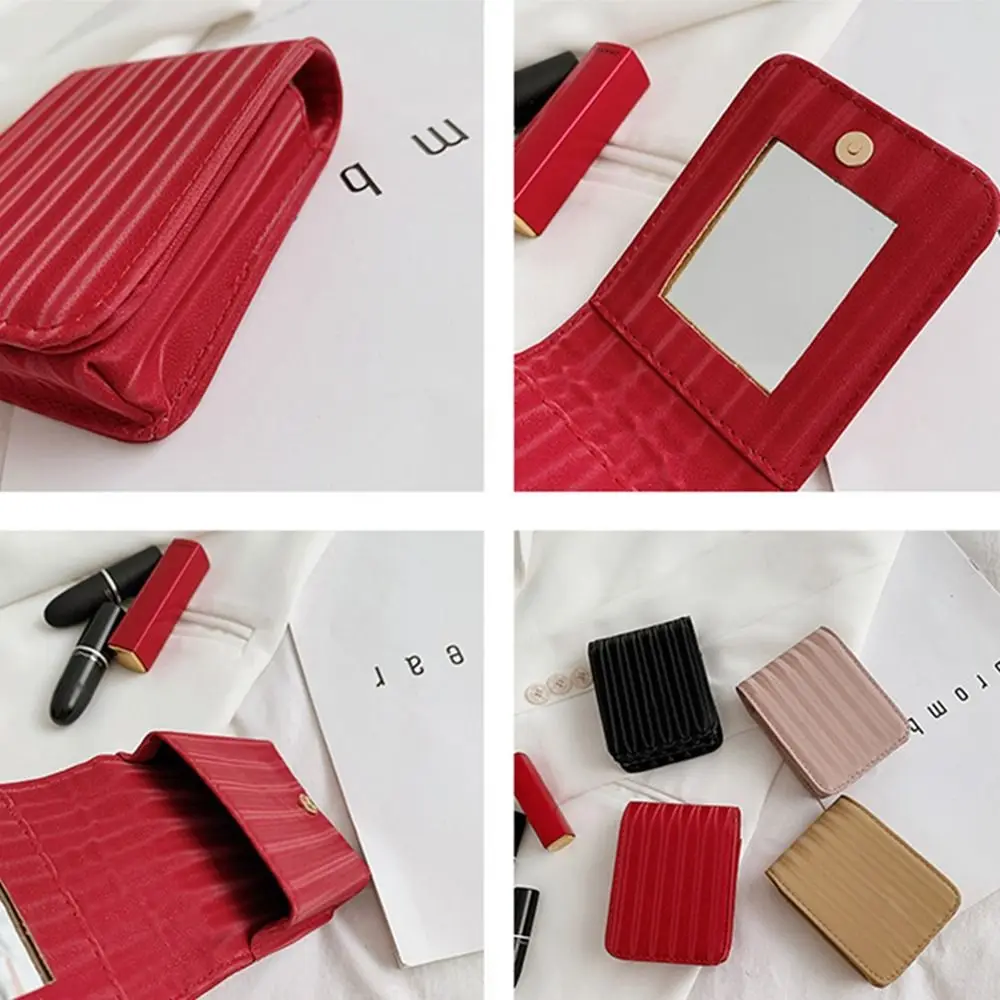 Portable Pu Leather Lipstick Bag with Mirror Lipstick Storage Box Mini Cosmetic Bag Lipstick Storage Bag Makeup Bag Women