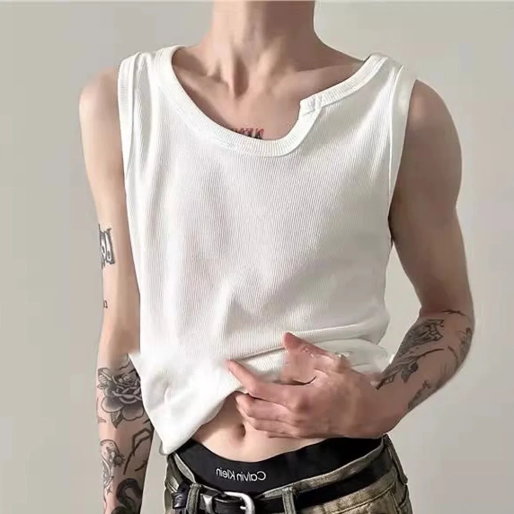 Casual Gatherings 3XL Black Summer Casual Vest Irregular Neck Tank Top Slim Fit Tanks Solid Pattern Vacation Wear
