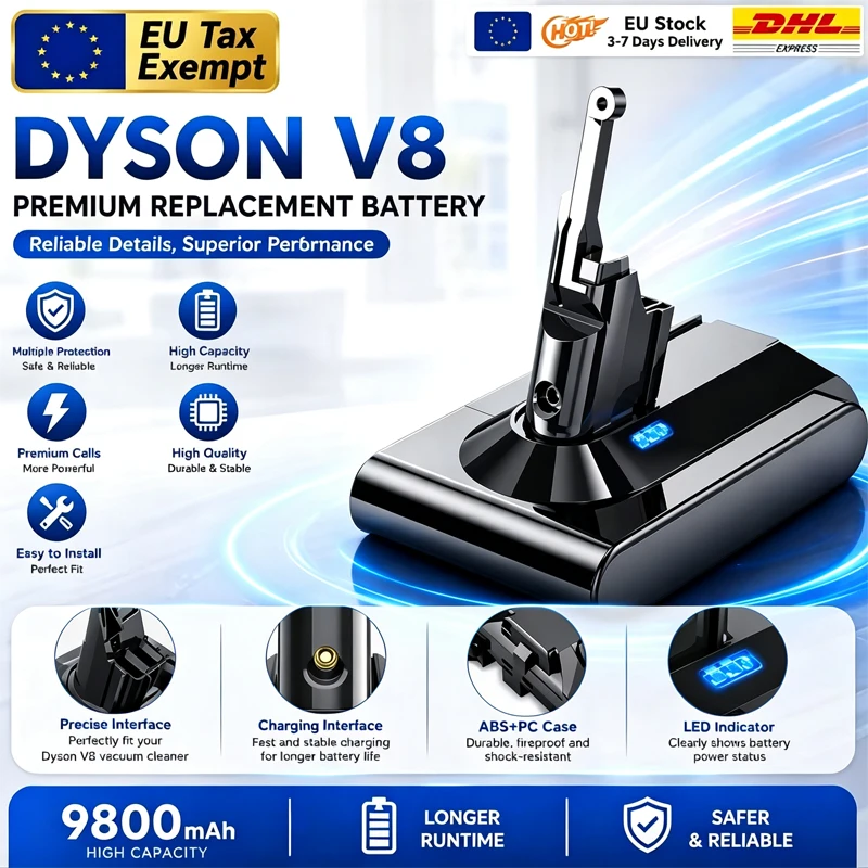 Batteria per aspirapolvere ad alta capacità, 9800 mAh, 21,6 V, compatibile con aspirapolvere senza fili Dyson V8, modello Absolute Fluffy Animal. Batteria ricaricabile di ricambio.