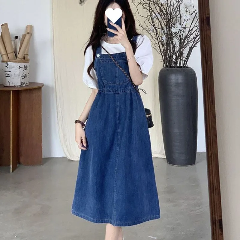 

Women's Japanese Style Fresh 2 Pieces Set Spring Autumn New Fashion Casual Simple Denim Slip Dress + T-Shirt Outfit For Women