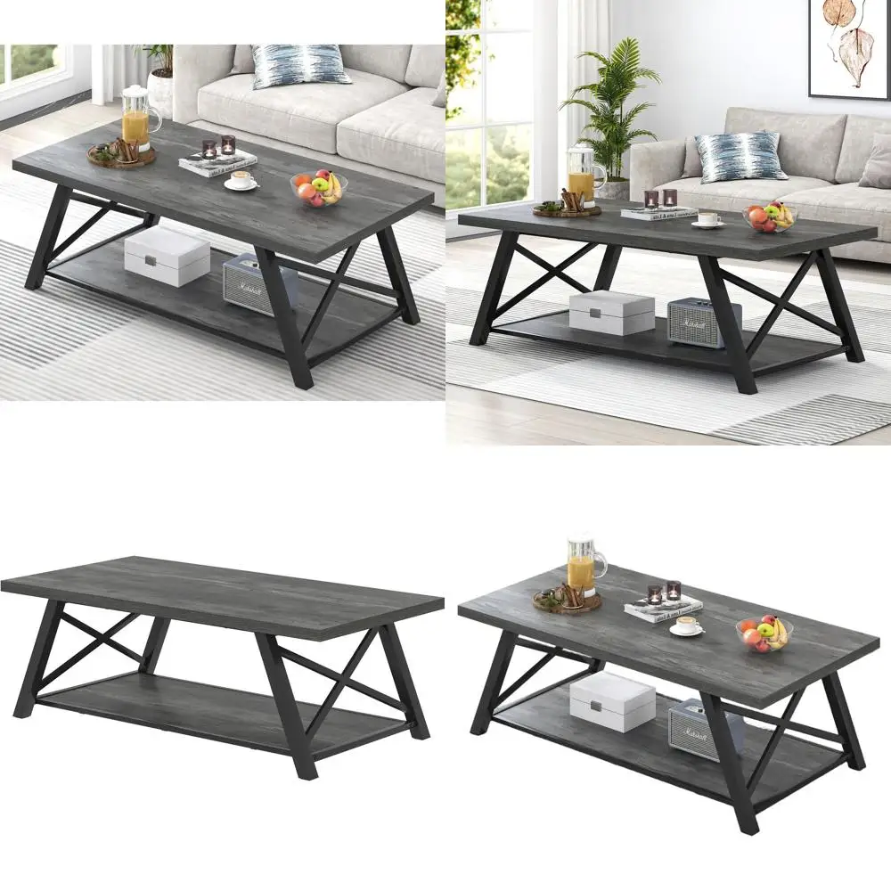 

Rustic Grey Industrial Style Wood and Metal Coffee Table with Storage, 47 for Living Room