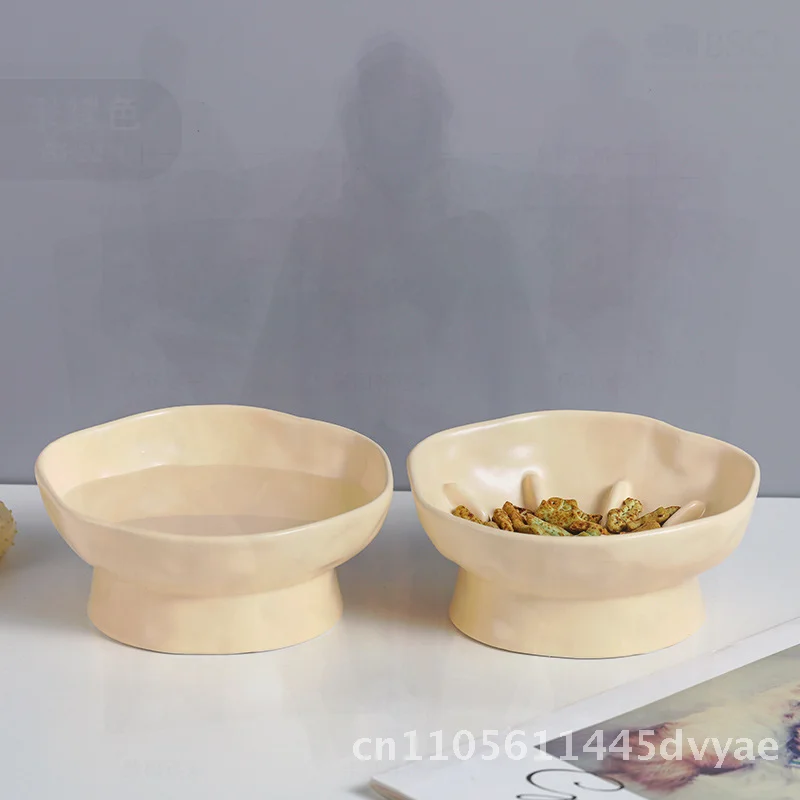 

Ceramic Cat Bowl Oblique Slow Food Design Protective Spine Pet Dish Available in White Cream Yellow And Purple