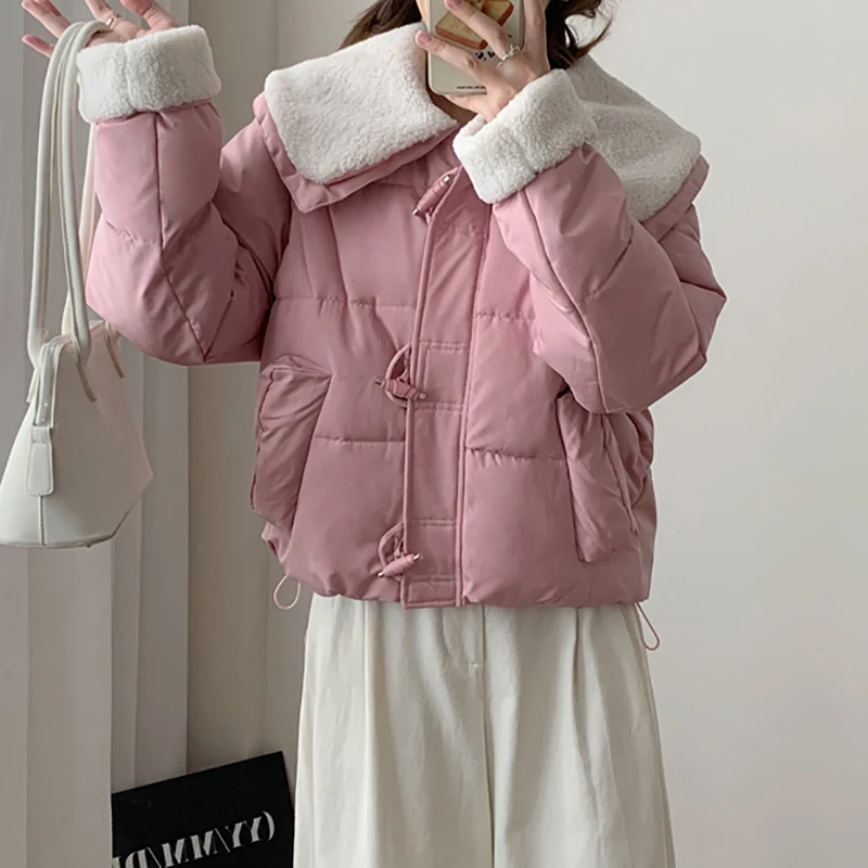 ITOOLIN New Winter Doll Collar Fashionable Casual Warm Cotton Clothing Lamb Wool Cotton Blend Women's Clothing Cotton Clothing