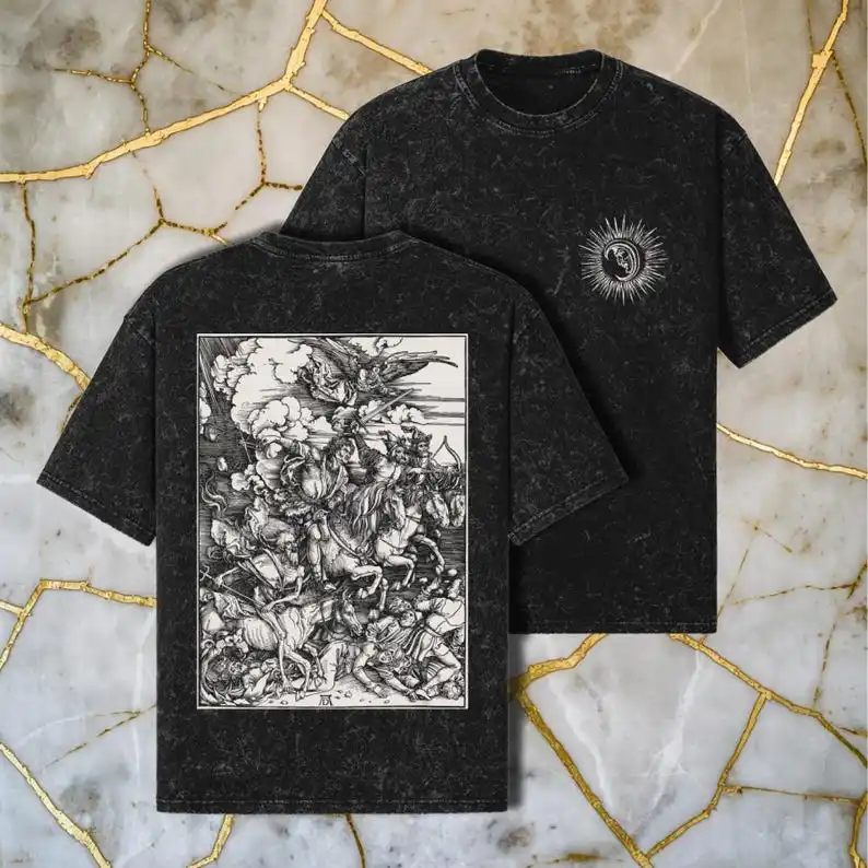 

Four Horsemen of the Apocalypse washed t-shirt Gothic Vintage Style Heavy Metal Occult Punk Rock