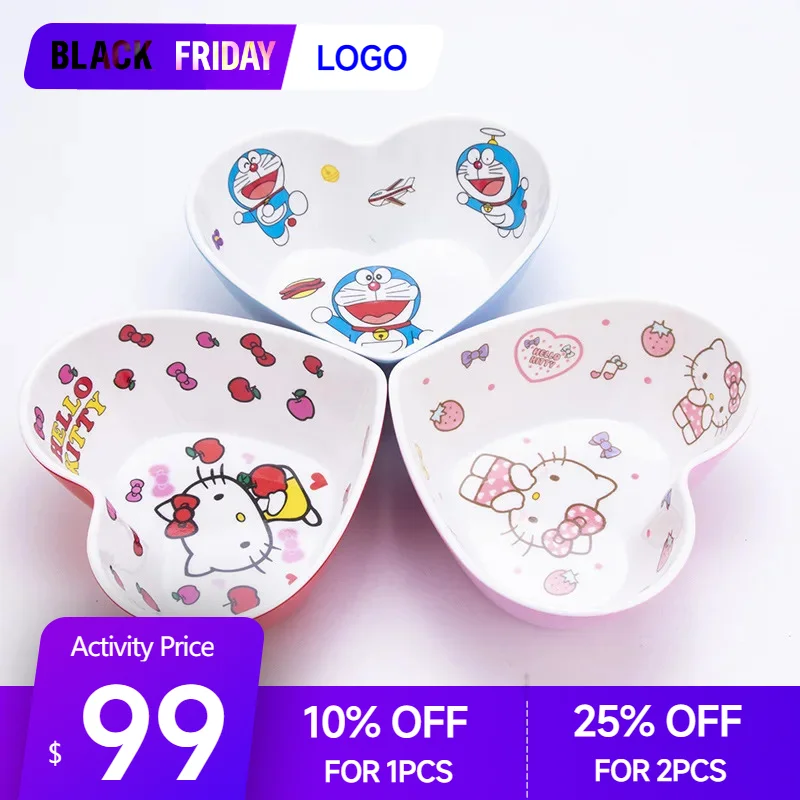 Sanrio Kawaii Hello Kitty Bowl Cartoon Cute Melamine Drop-proof Heat-resistant Heart-shaped Bowl Ins Anime Kids Kitchenware Gift