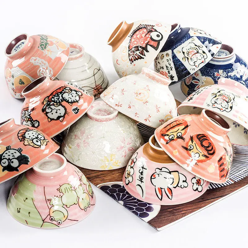 Japońska miska na ryż Lucky Cat, ceramiczne miski dla zwierząt, miska na zupę z królikiem z kreskówek, japońska miska na sałatkę 4,5/5/5,5 cala