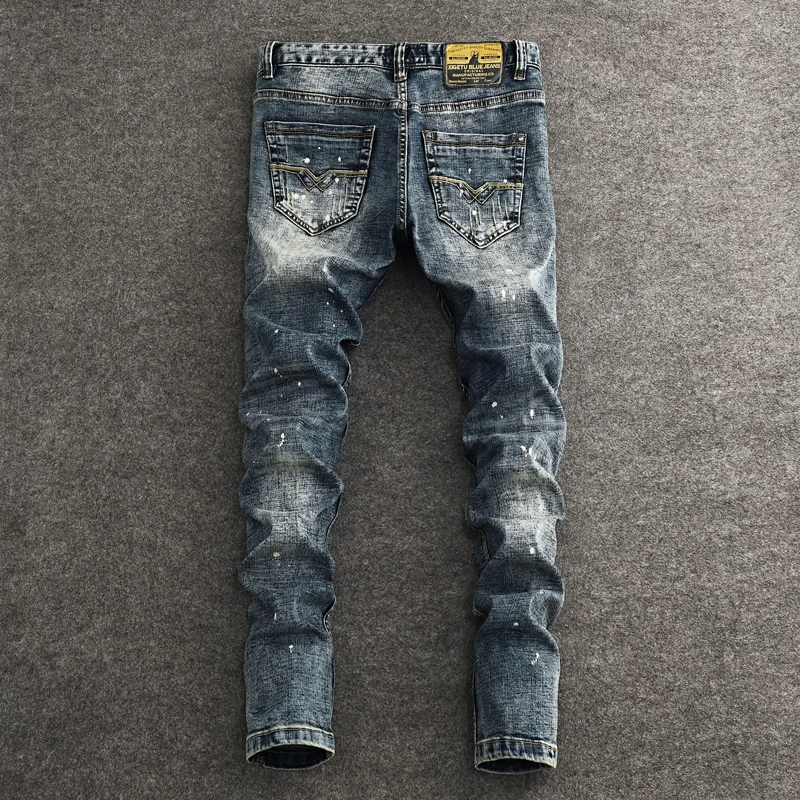 

Мужские джинсы Y2K в уличном стиле, ретро, синие, стрейч, зауженные, с заплатками, рваные, с эффектом окрашивания, винтажные джинсовые брюки
