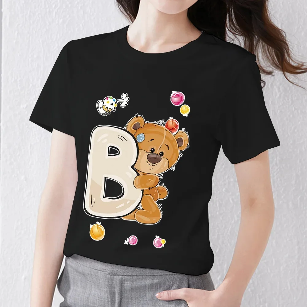 T-shirt oversize da donna in cotone a maniche corte con stampa orsetto e lettere inglesi, stile casual comodo