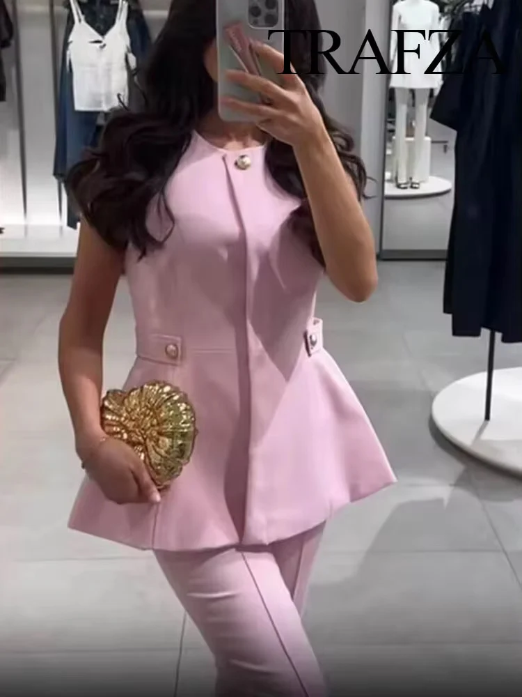 

HH Women New Fashion Commuter Round Neck Covered Short Skirt Style Hem Vest+High Waist Zipper Pocket Casual Flag-Flop Pants