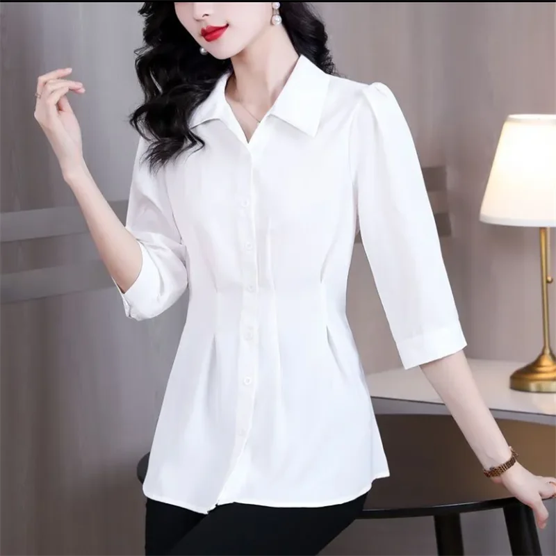 

Spring Summer New Blouse Women Shirts Solid Color Chiffon Shirt Quarter Sleeves Blouses Pleated Waist Closing Slim Female Shirts